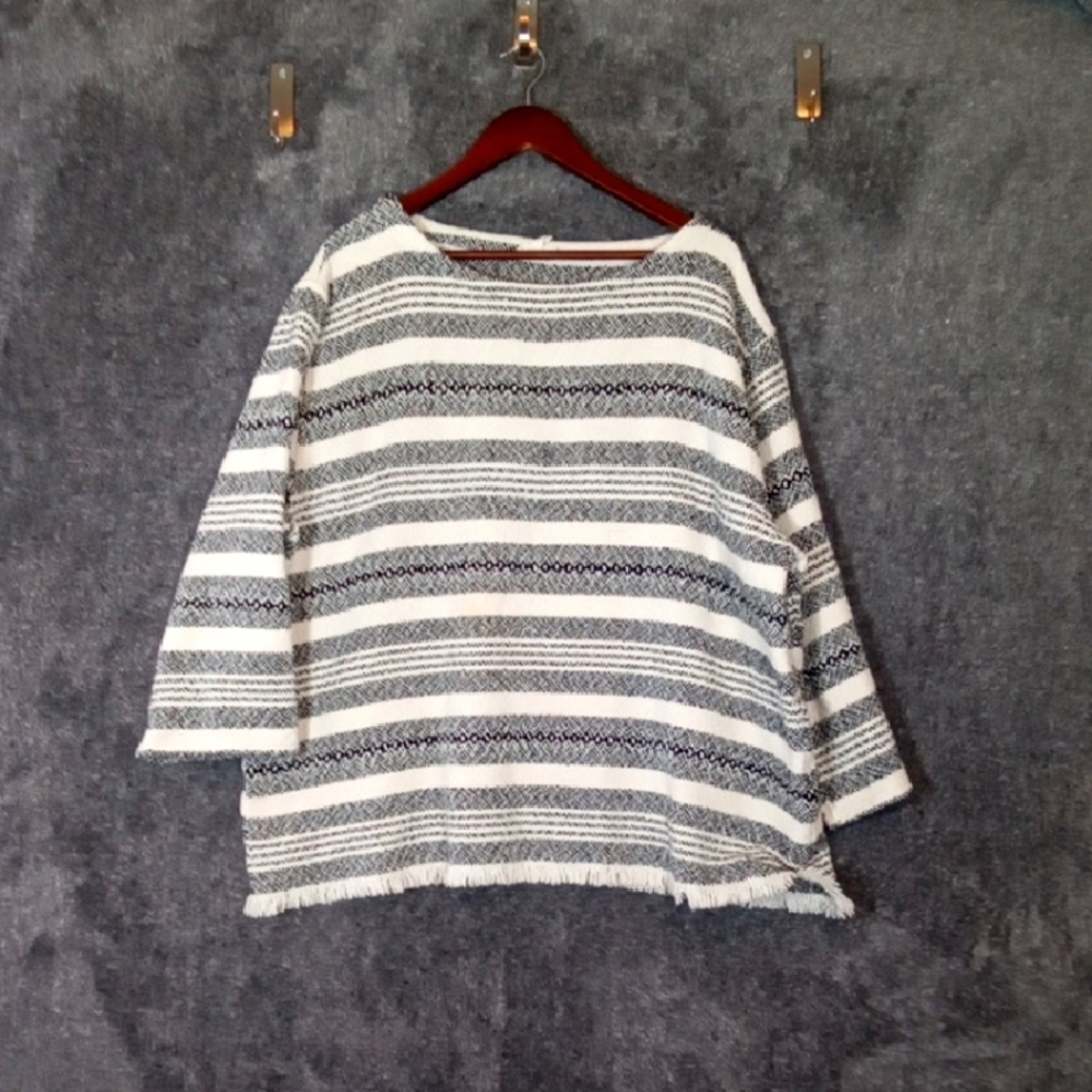 Eileen Fisher System Striped Woven Fringe Sweater Organic Cotton Womens XL
